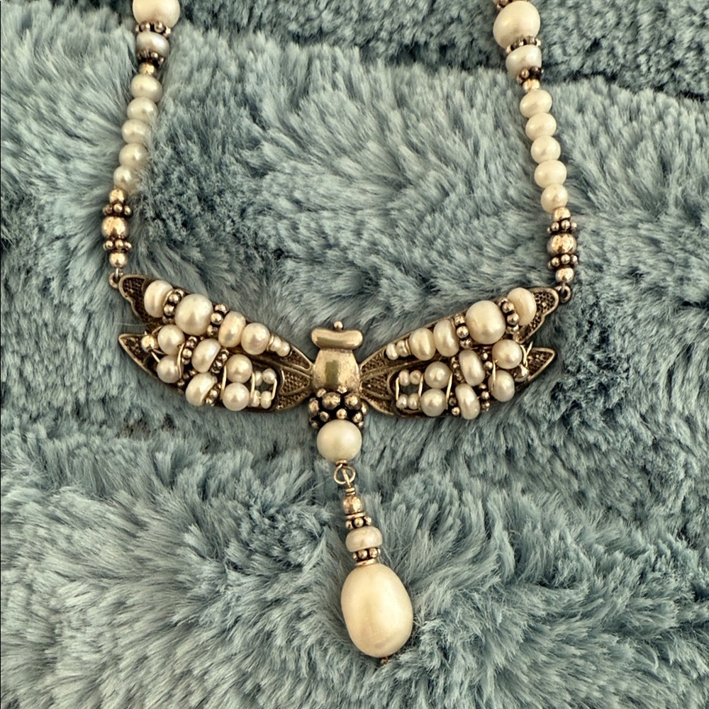 Elegant Pearl and Silver dragonflyNecklace